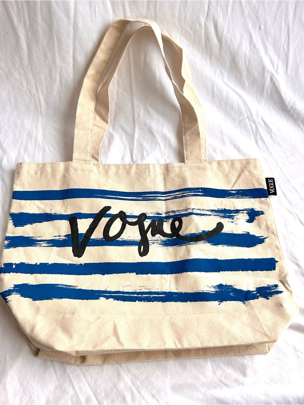 Vogue Cream Canvas Tote with Blue Brushstroke Stripes